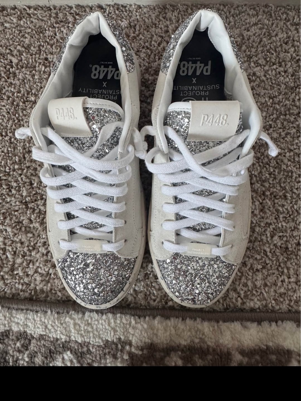 P448 Women's White Sneakers with Silver Glitter Accents